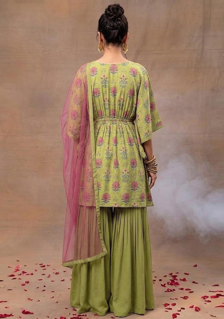 Green Printed Crepe Sharara Set - Indya