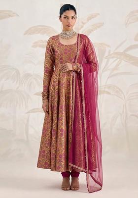 Orange Self Design Silk Blend Anarkali Set