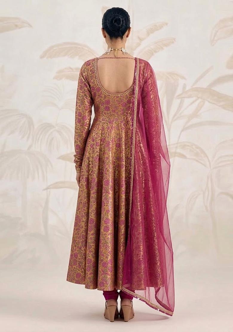 Orange Self Design Silk Blend Anarkali Set - Indya