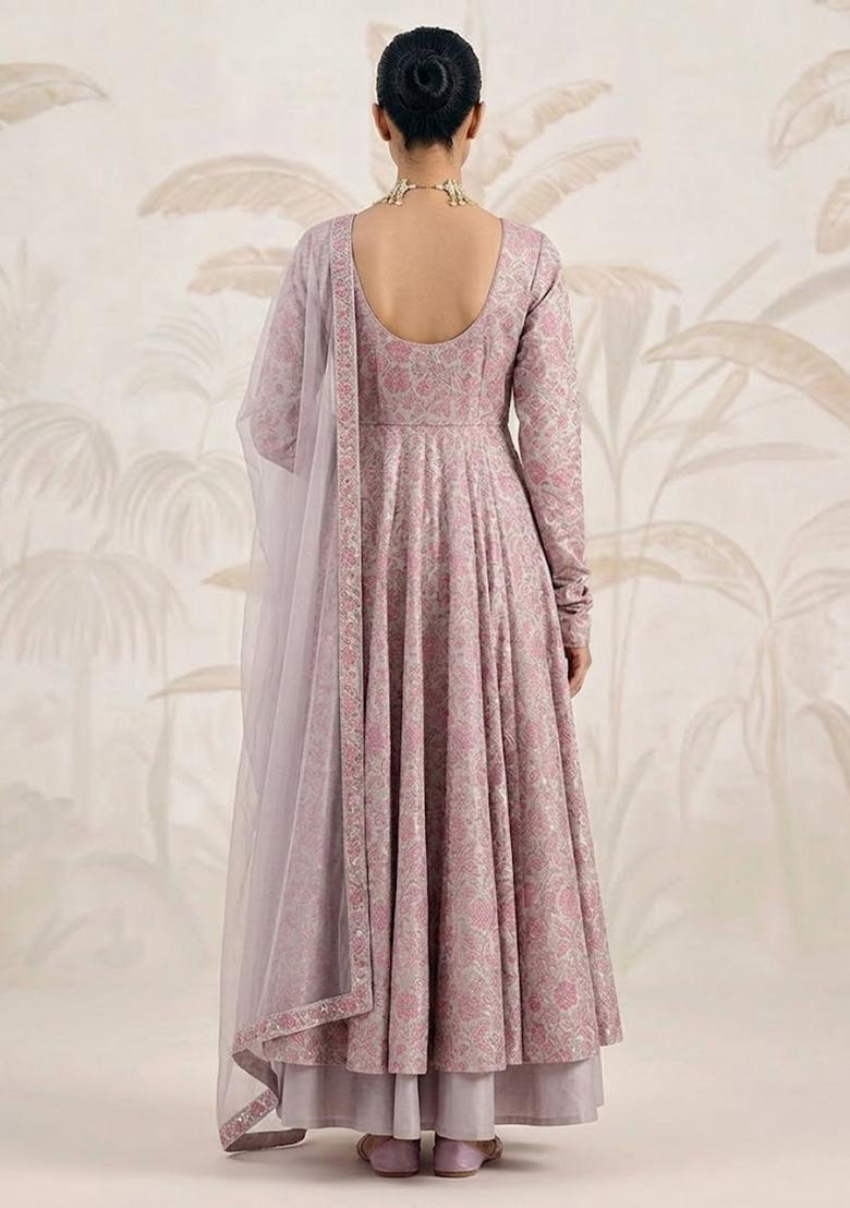 Grey Self Design Silk Blend Anarkali Set - Indya