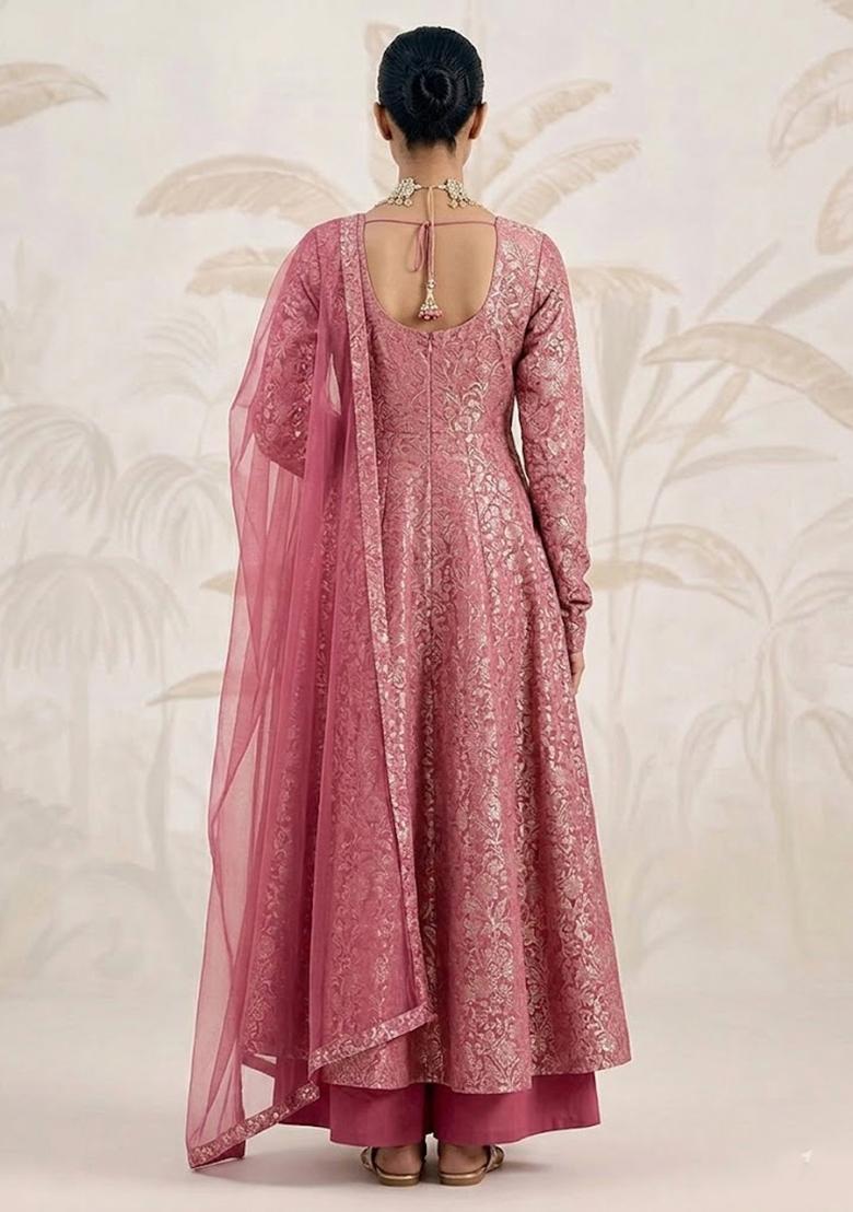 Pink Self Design Silk Blend Anarkali Set - Indya