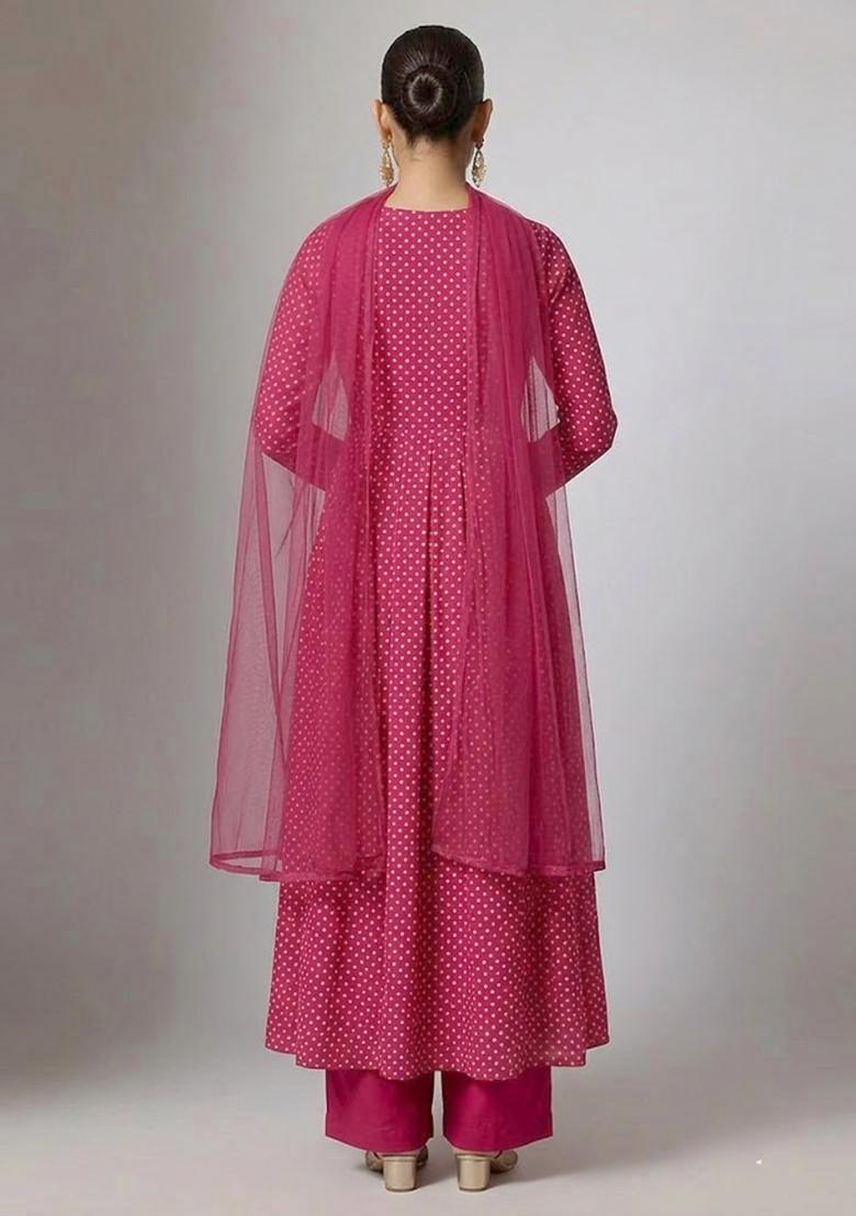 Pink Printed Crepe Anarkali Set - Indya