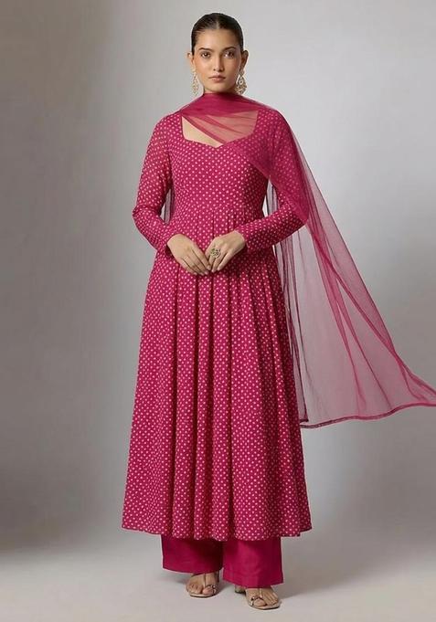 Pink Printed Crepe Anarkali Set