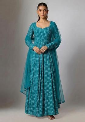 Blue Printed Crepe Anarkali With Dupatta