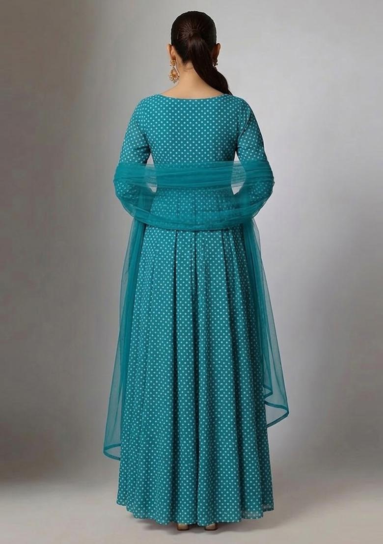 Blue Printed Crepe Anarkali With Dupatta - Indya