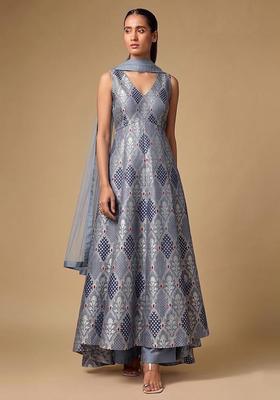 Grey Silk Blend Anarkali Set