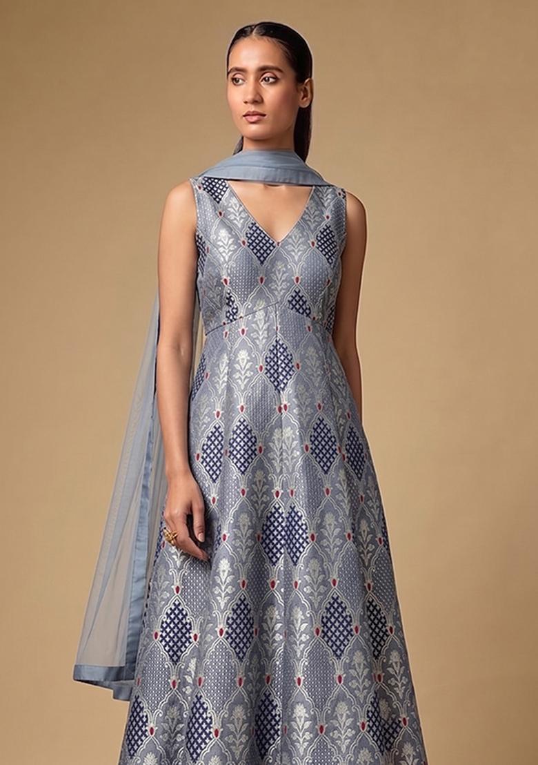 Grey Silk Blend Anarkali Set - Indya