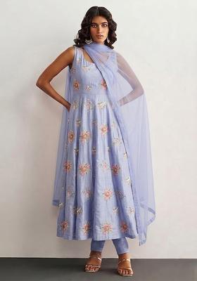 Blue Embroidered Chanderi Anarkali Set