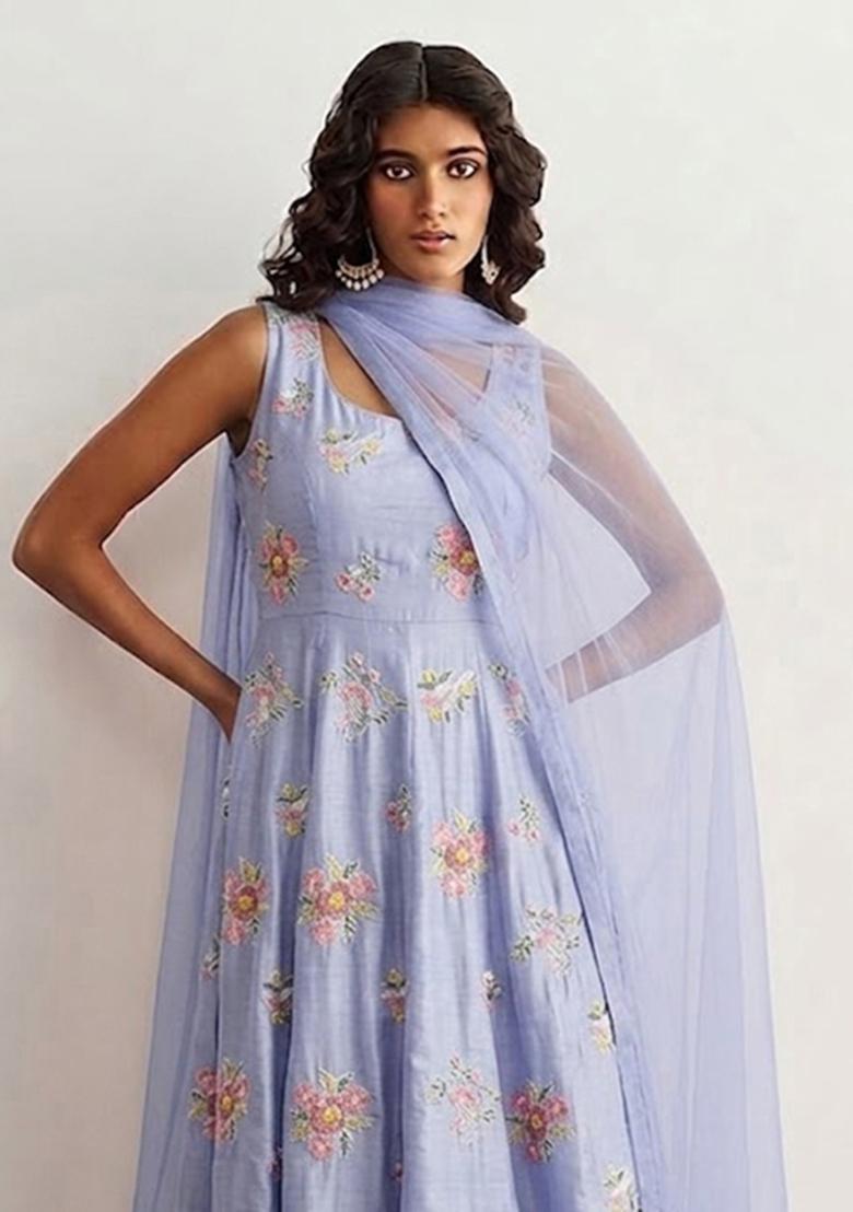 Blue Embroidered Chanderi Anarkali Set - Indya