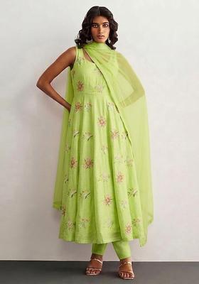 Green Embroidered Chanderi Anarkali Set