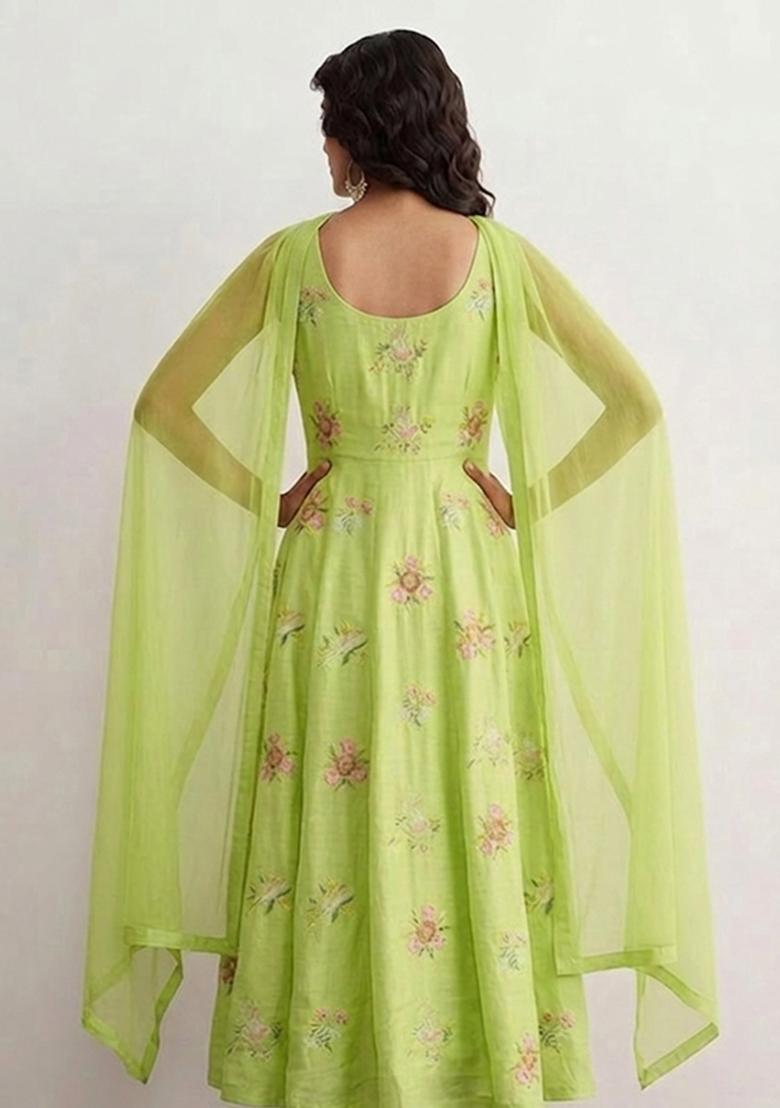 Green Embroidered Chanderi Anarkali Set - Indya