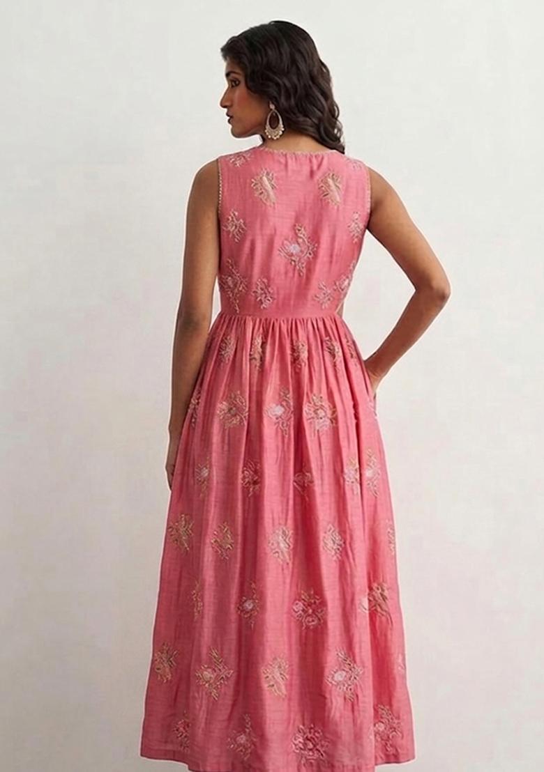 Pink Embroidered Chanderi Anarkali Set - Indya
