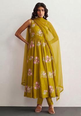 Yellow Embroidered Chanderi Anarkali Set