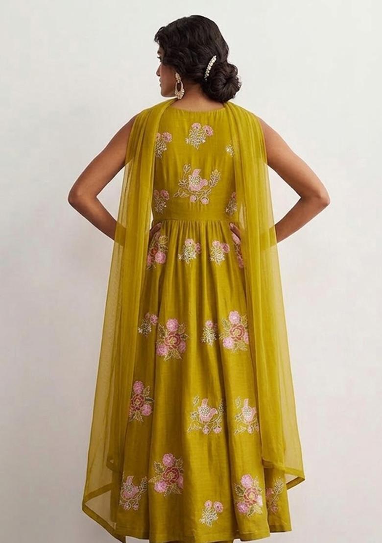Yellow Embroidered Chanderi Anarkali Set - Indya