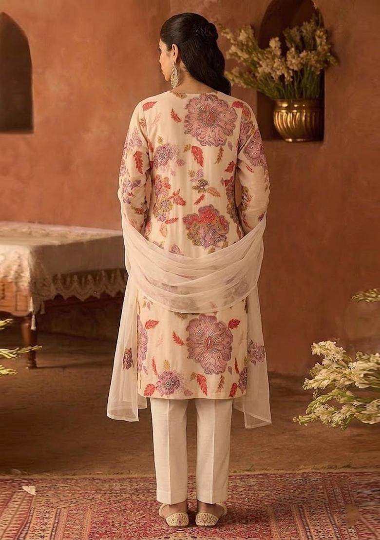 Beige Printed Organza Kurta Set - Indya