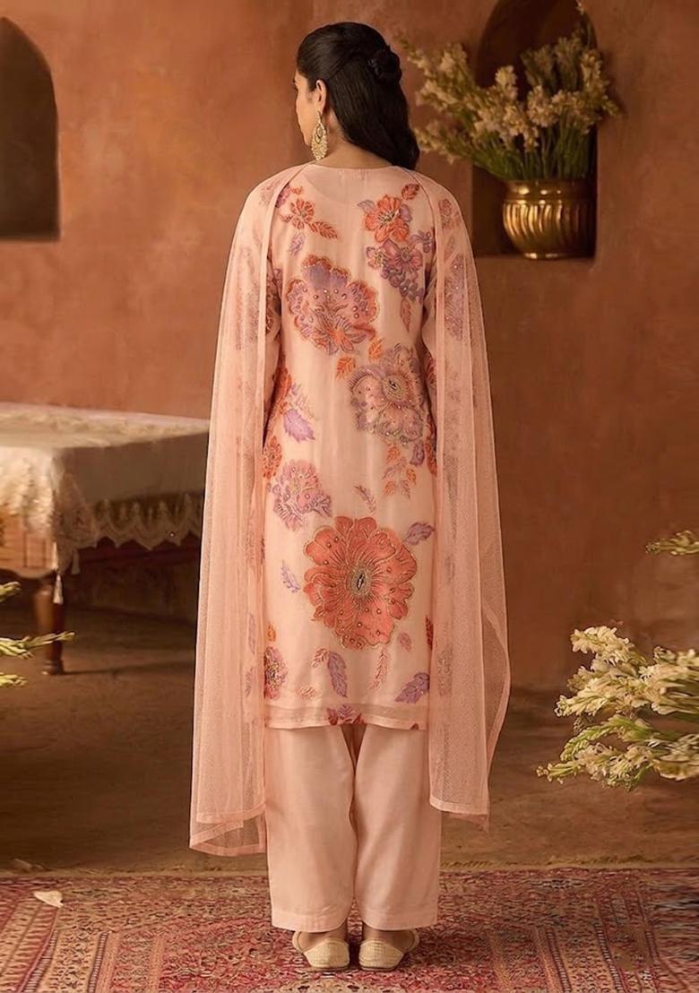 Pink Printed Organza Kurta Set - Indya
