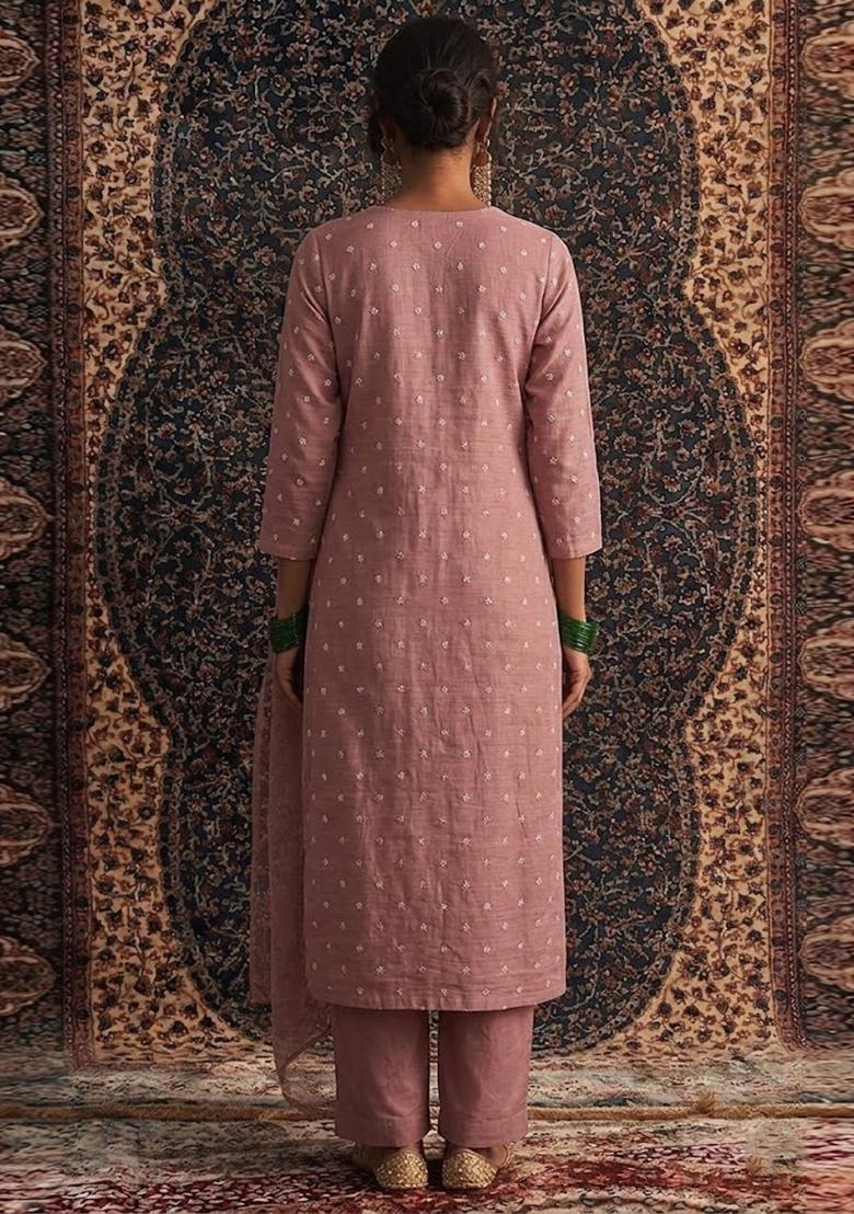 Pink Embroidered Chanderi Kurta Set - Indya
