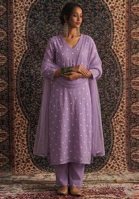 Purple Embroidered Chanderi Kurta Set