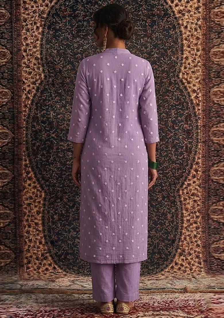 Purple Embroidered Chanderi Kurta Set - Indya