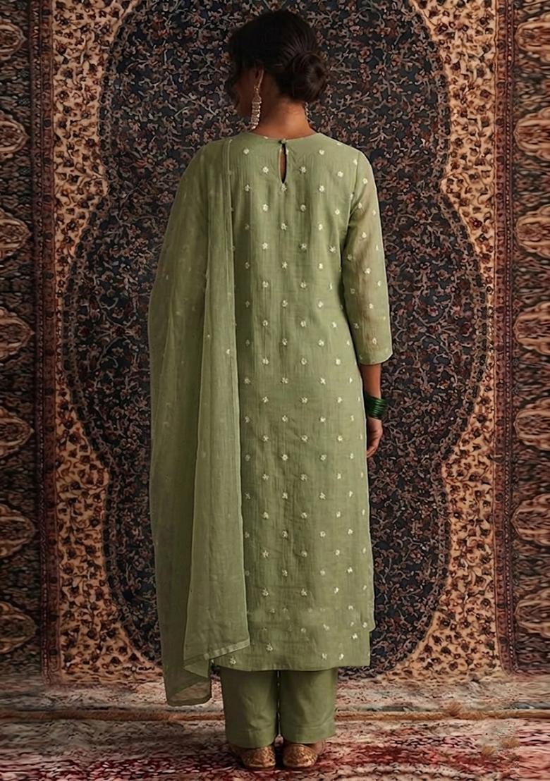 Green Embroidered Chanderi Kurta Set - Indya