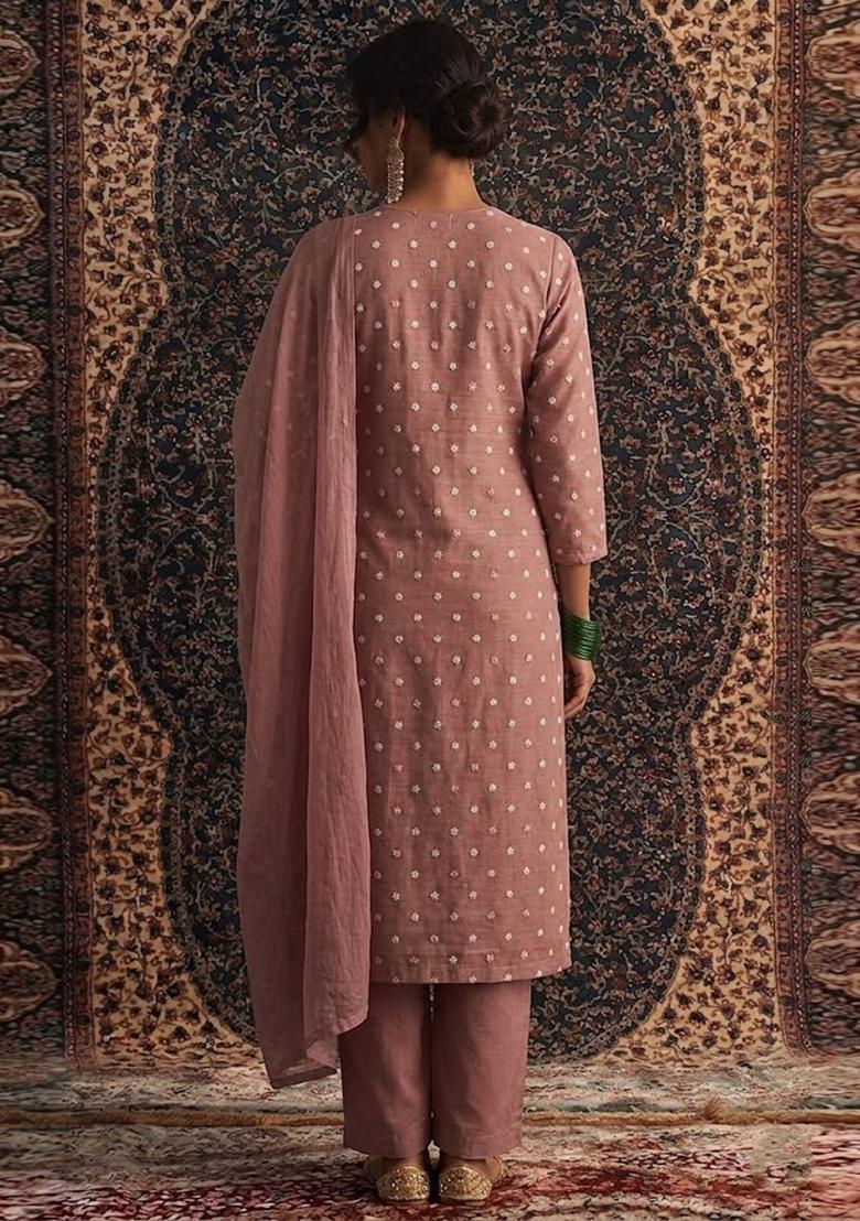 Pink Embroidered Chanderi Kurta Set - Indya
