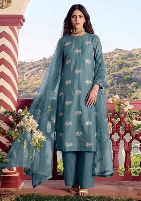 Blue Embroidered Chanderi Kurta Set