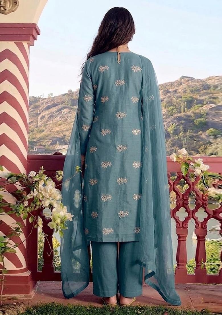 Blue Embroidered Chanderi Kurta Set - Indya