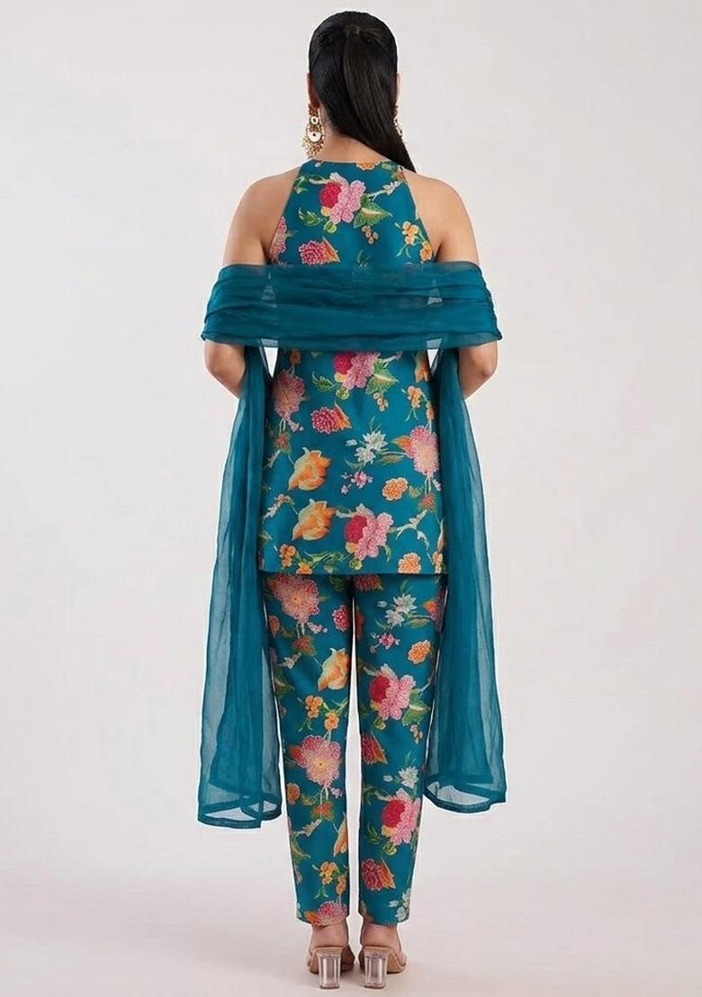 Blue Printed Georgette Kurta Set - Indya