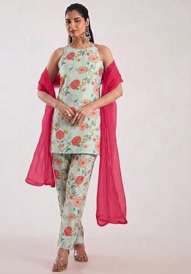 Green Printed Georgette Kurta Set