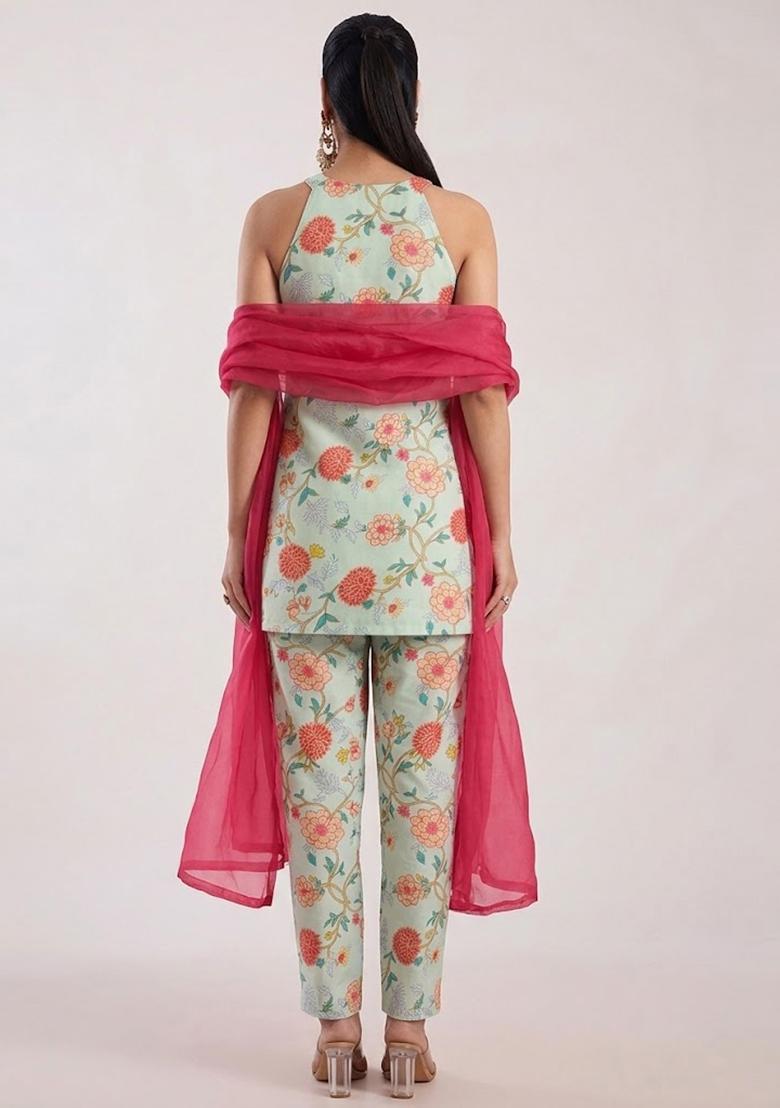 Green Printed Georgette Kurta Set - Indya