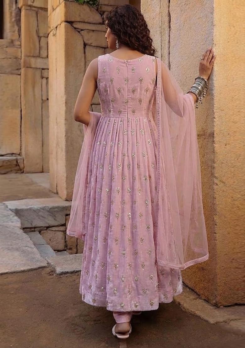 Pink Embroidered Silk Blend Anarkali Set - Indya