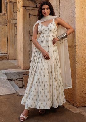 White Embroidered Silk Blend Anarkali Set