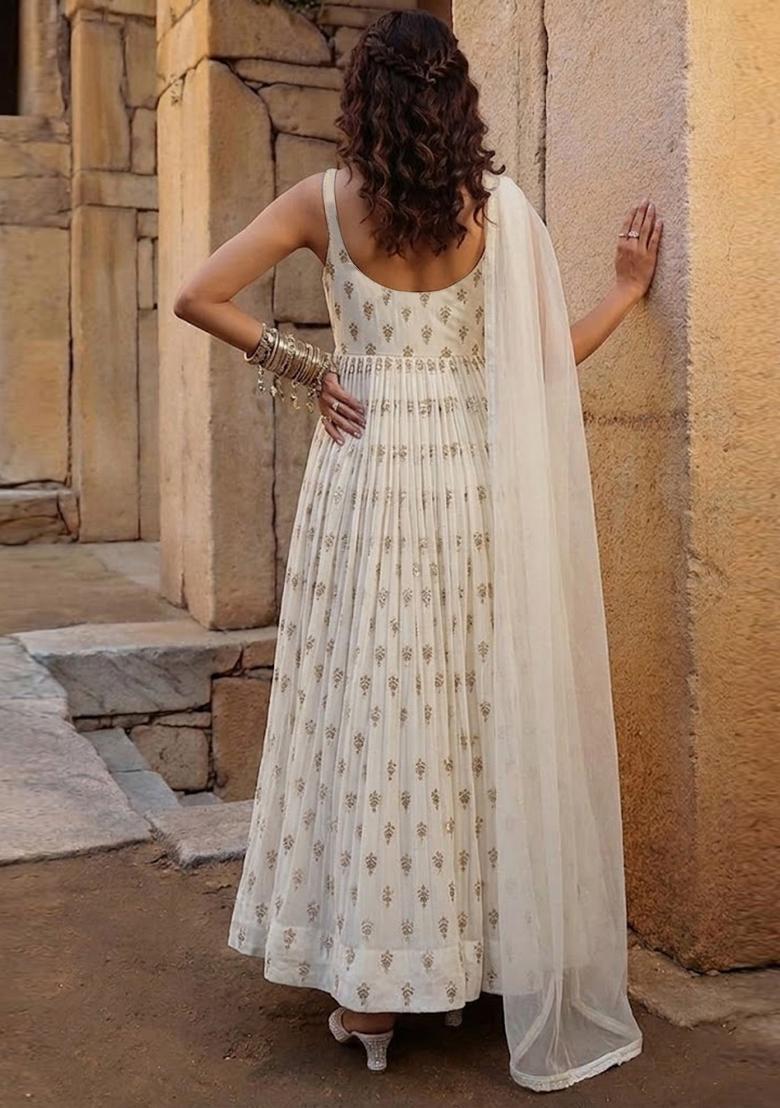 White Embroidered Silk Blend Anarkali Set - Indya