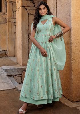 Green Embroidered Silk Blend Anarkali Set