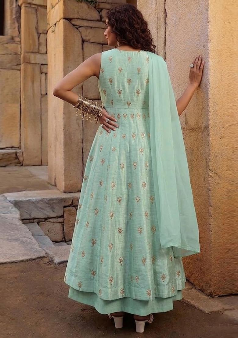 Green Embroidered Silk Blend Anarkali Set - Indya