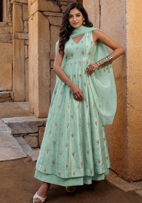 Green Embroidered Silk Blend Anarkali Set
