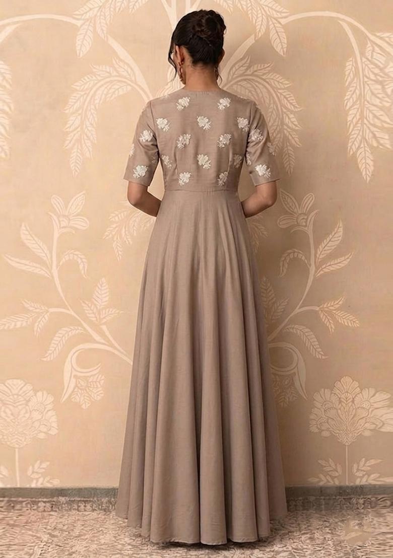 Grey Silk Blend Anarkali Set - Indya