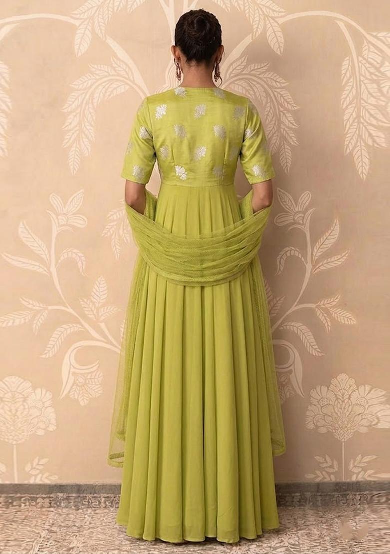 Green Silk Blend Anarkali With Dupatta - Indya