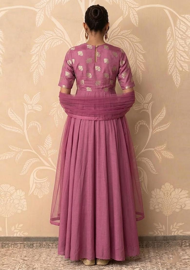 Pink Silk Blend Anarkali With Dupatta - Indya