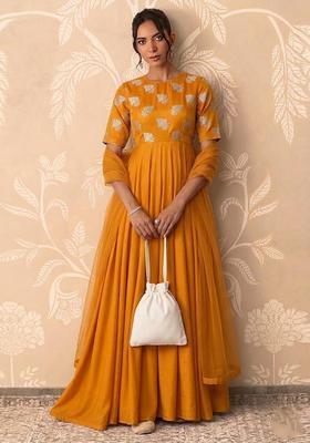 Yellow Silk Blend Anarkali With Dupatta