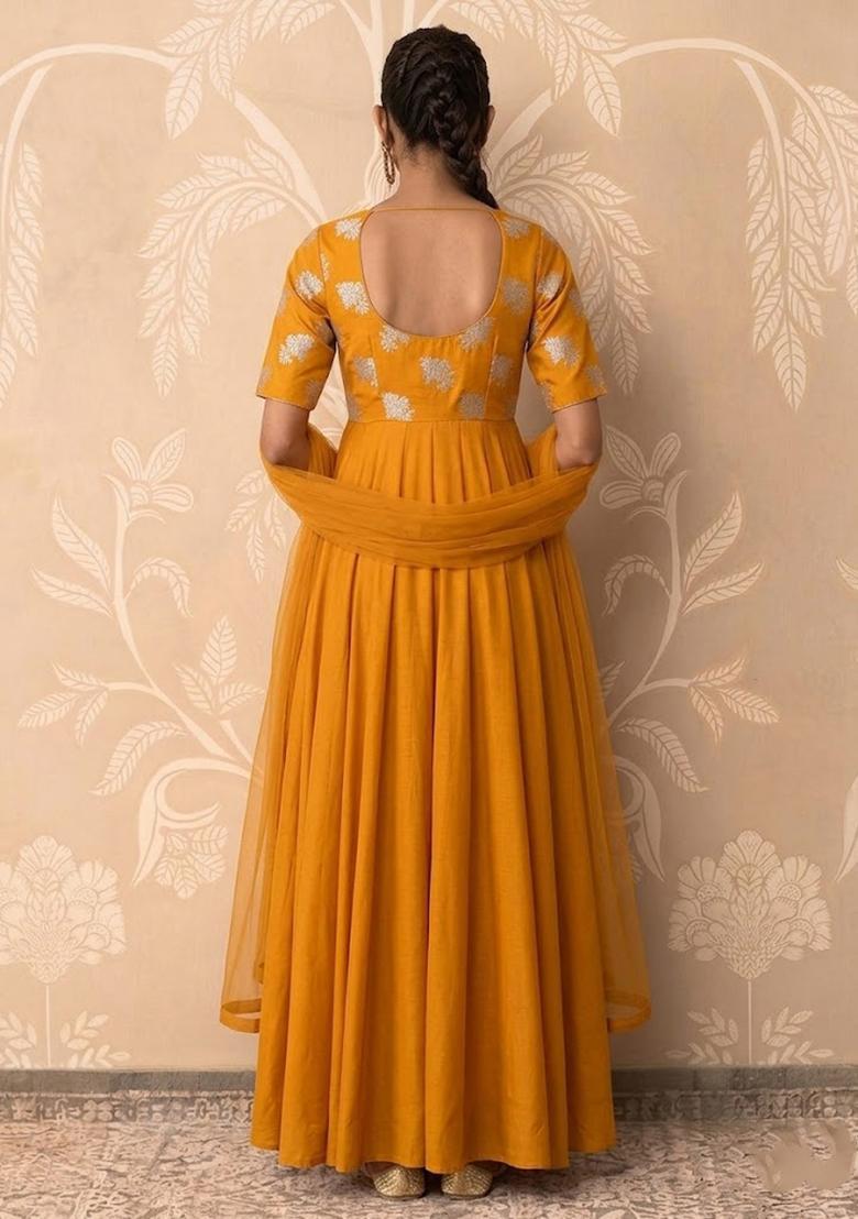 Yellow Silk Blend Anarkali With Dupatta - Indya