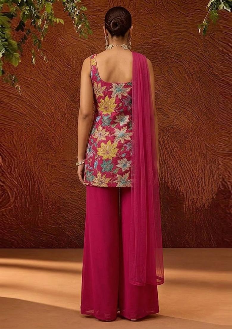 Pink Printed Crepe Sharara Set - Indya