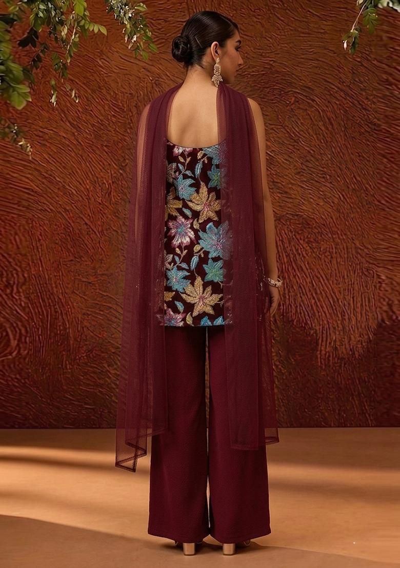 Purple Printed Crepe Sharara Set - Indya
