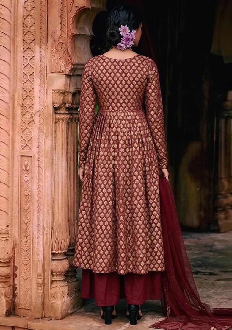 Red Silk Blend Anarkali Set - Indya
