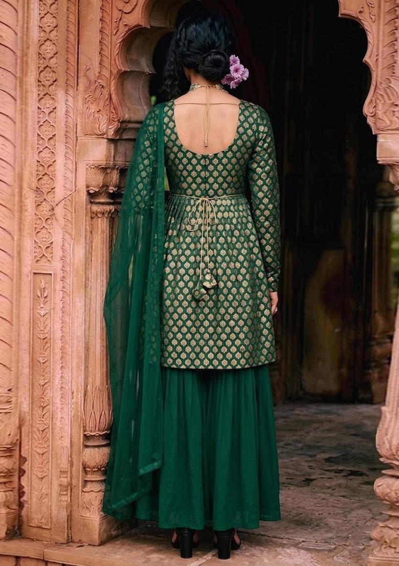 Bottle Green Silk Blend Sharara Set - Indya