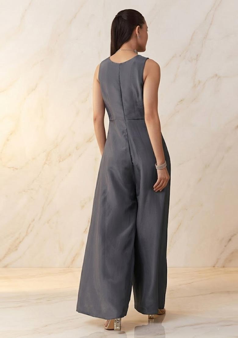 Slate Grey Embroidered Handwork Fusion Set - Indya
