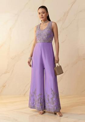 Lilac Purple Embroidered Handwork Fusion Set