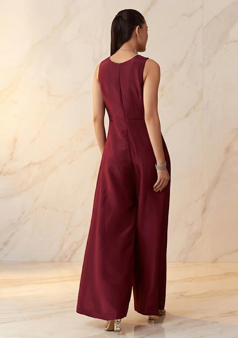 Wine Maroon Embroidered Handwork Fusion Set - Indya
