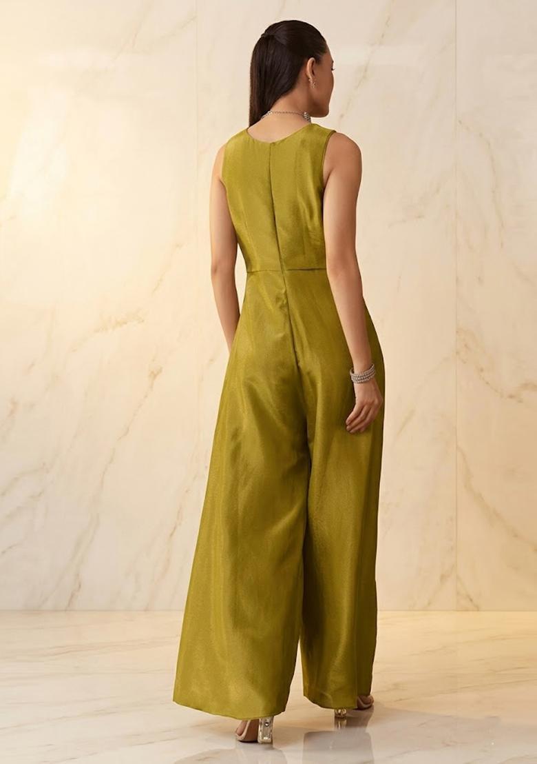 Mustard Yellow Embroidered Handwork Fusion Set - Indya