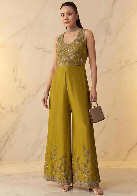 Mustard Yellow Embroidered Handwork Fusion Set